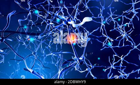 3D rendered Illustration of a biological neural cell network transmitting signals. Stock Photo