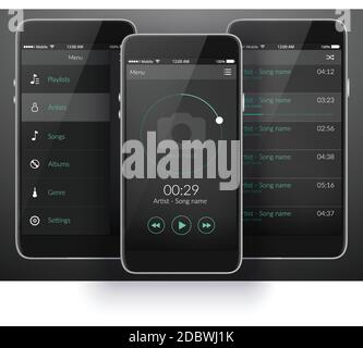 Mobile music application interface design concept in dark colors flat vector illustration Stock Vector