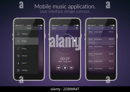 Mobile music application interface design concept isolated on dark background flat vector illustration Stock Vector