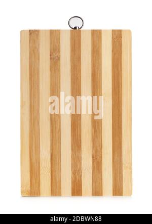 new rectangular striped kitchen cutting board isolated on white background, close up Stock Photo