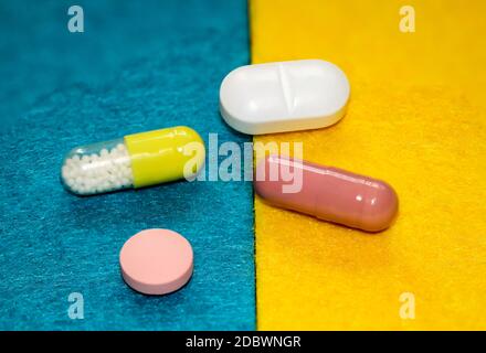 Close up of medicine, tablets and capsules Stock Photo