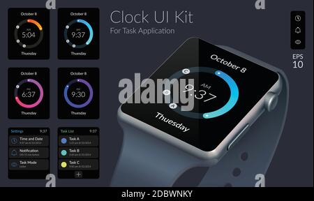 Clock UI design concept with different smartwatch screens and web elements for task application isolated vector illustration Stock Vector