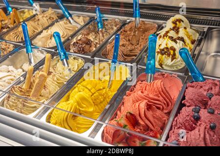 Italian Style Ice Cream Selection in Display Freezer Stock Photo