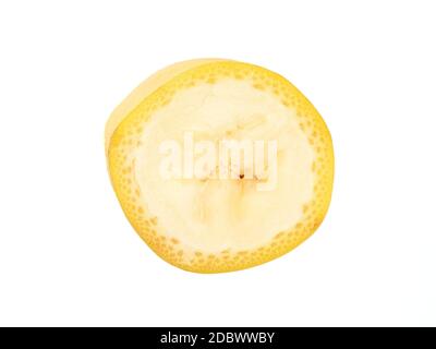One banana slice, unpeeled. Isolated on white background with clipping path. Extreme close up, studio shoot. Stock Photo