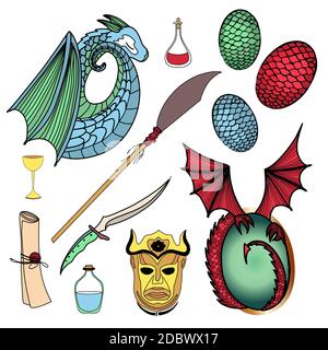 Vector set of magic icons. Dragon, dragon eggs, magic potion, harpy mask. Halberd and obsidian dagger. Illustration isolated on white background. Magi Stock Photo