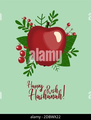 Autumn postcard. Red Apple. Autumn composition. Poster for the Jewish New Year. inscription happy rosh hashanah Stock Photo