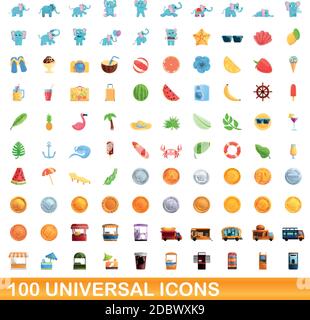 100 universal icons set. Cartoon illustration of 100 universal icons vector set isolated on white background Stock Vector