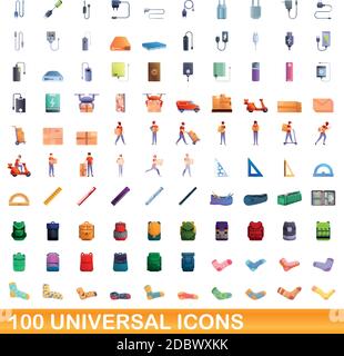 100 universal icons set. Cartoon illustration of 100 universal icons vector set isolated on white background Stock Vector