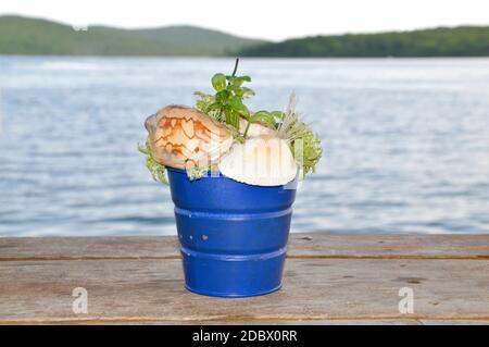 Blue bucket with shells and seaweed standing on a wooden table against the Japanese sea on a summer evening Stock Photo
