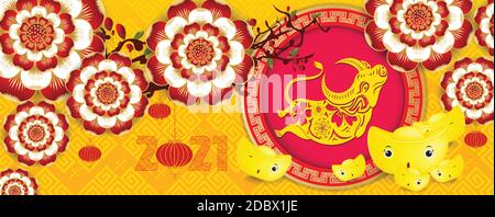 Chinese new year 2021 - Year of the Ox. Gold ingots, flower and asian elements with craft style banner Stock Vector