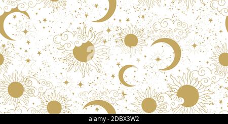 Seamless golden space pattern with sun, crescent, planets and stars on a white background. Mystical ornament of the mystical sky for wallpaper, fabric, astrology, fortune telling. Vector illustration Stock Vector