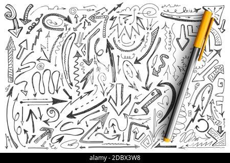 Arrows doodle set. Collection of different shape round twisted hand drawn arrowhead computer cursors pointers on white background. Navigation symbol vector abstract illustration. Stock Vector
