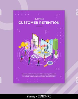 business customer retention people standing near laptop magnet for template of banner and flyer for printing magazine cover and poster Stock Vector