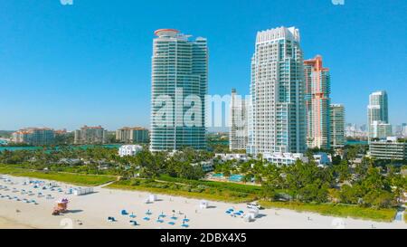 Panorama of South Beach, Miami Beach, South Pointe Park, Government Canal. Florida. Miami City - South Beach - Lummus Park, Ocean Drive and shore Long Stock Photo