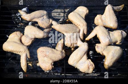 Raw chicken wings marinated in sour cream and spices, grilling on the grill grate. Start cooking, barbecue Stock Photo