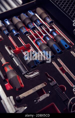 Toolkit of various tools in the box Stock Photo