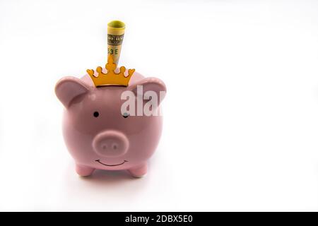 Pink piggy bank with golden crown and USD banknote isolated over white background with copy space, cash is king concept image