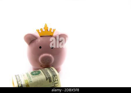 Pink piggy bank with golden crown and stack of US dollars in front isolated over white background with copy space, cash is king concept image