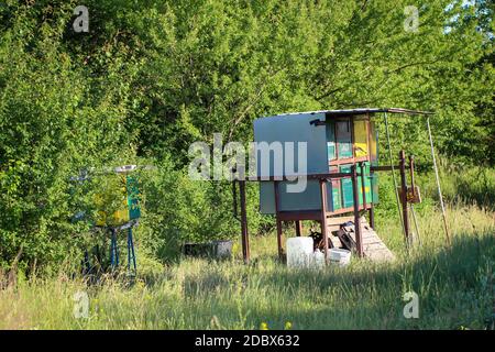 View on a near beehives for honey production. Stock Photo