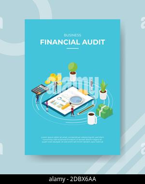 business financial audit people standing analyzing around document data statistic finance for template of banner and flyer for printing magazine Stock Vector