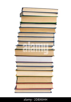 large stack of hardback books isolated on white background, close up Stock Photo