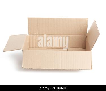 open empty brown rectangular cardboard box for transporting goods isolated on white background Stock Photo