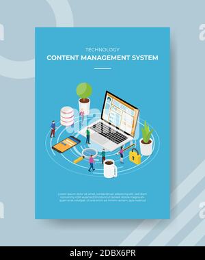 technology content management system people standing front laptop smartphone for template of banner and flyer for printing magazine cover and poster Stock Vector