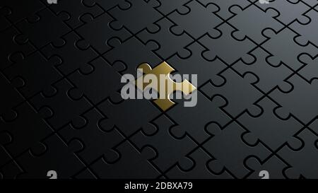 3d illustration of puzzle dark black pieces background texture with a golden metallic one in the center concept for leadership Stock Photo