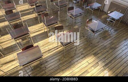 school with wooden desks and plexiglass screen that acts as a preventive screen against the contagion of the virus Stock Photo