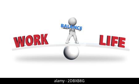 WORK LIFE lettering - red letters shown in balance and 3D people in the middle - isolated on white background with shadow on the floor Stock Photo