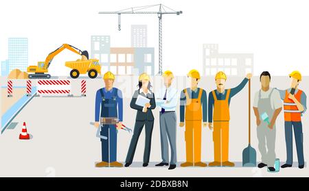 Construction management with construction workers and architect Stock Photo