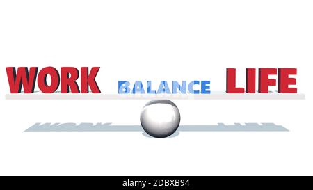 WORK LIFE BALANCE lettering - red letters shown in blue balance with shadow on the floor - isolated on white background Stock Photo