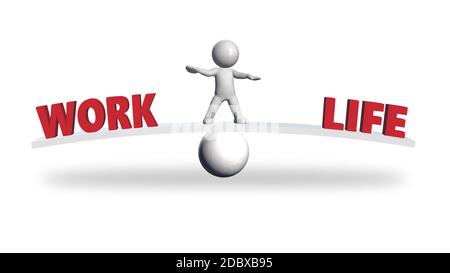 WORK LIFE lettering - red letters shown in balance and 3D people in the middle - isolated on white background with shadow on the floor Stock Photo