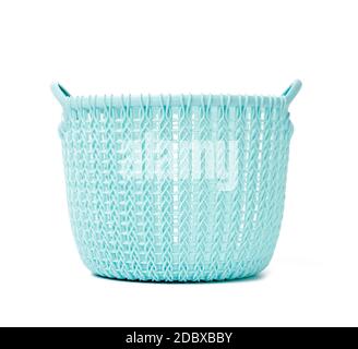 round blue laundry basket at home isolated on white background, close up Stock Photo