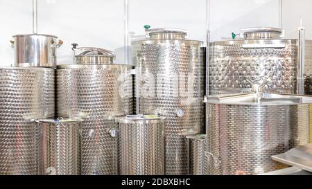 Many Stainless Steel Silo Tanks Wine Production Storage Stock Photo