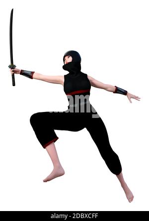 3D rendering of a female ninja holding a sword isolated on white background Stock Photo