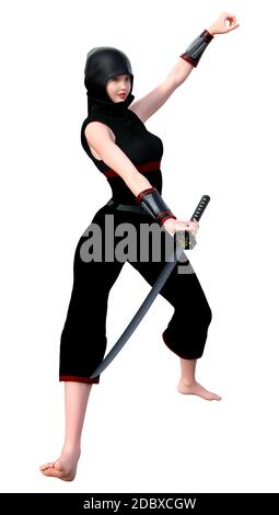 3D rendering of a female ninja holding a sword isolated on white background Stock Photo