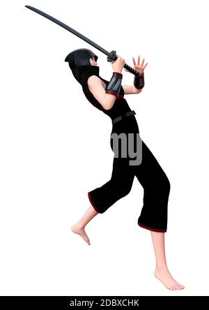 3D rendering of a female ninja holding a sword isolated on white background Stock Photo