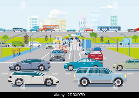 Road traffic with traffic jam at the intersection, illustration Stock Photo