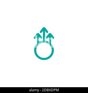 three blue arrows up and circle icon. Isolated on white. Upload icon. Upgrade sign. Growth symbol. North pointing arrow. Flat process icon. Good for w Stock Vector