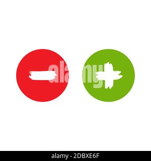 Plus and minus paint drawn buttons in circle. flat vector icons isolated on white. Add or plus purchase pictogram. Good for web and mobile design. Stock Vector