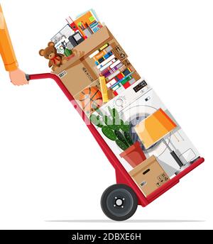 Hand truck and package for transportation. Moving to new house. Family relocated to new home. Paper cardboard boxes with various household thing. Vector illustration in flat style Stock Vector