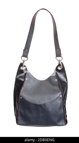 side view of handmade gray leather handbag with big pocket and red edges isolated on white background Stock Photo
