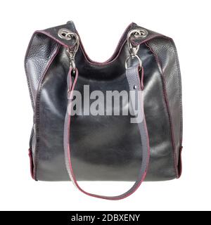 handcrafted gray leather handbag with red edges isolated on white background Stock Photo