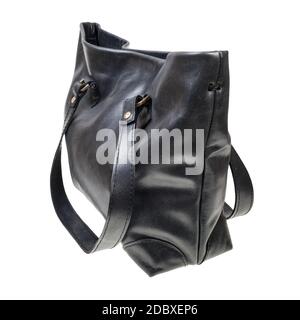 handcrafted black leather shopper bag isolated on white backgroud Stock Photo