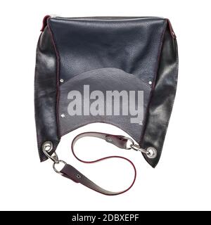 handcrafted gray leather handbag with big pocket and red edges isolated on white background Stock Photo