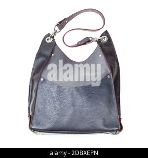 handmade gray leather handbag with big pocket and red edges isolated on white background Stock Photo
