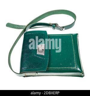handcrafted green leather tablet bag isolated on white background Stock Photo