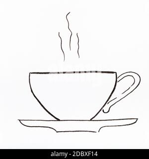 sketch of side view of tea cup and saucer hand-drawn by black felt-tip ...