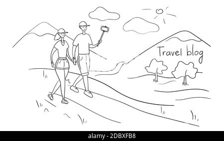 Lifestyle blog. Travel bloggers shoot video on smartphone. Influencers take selfies for blog posts on social media. Vloggers broadcasting vlog from Stock Vector
